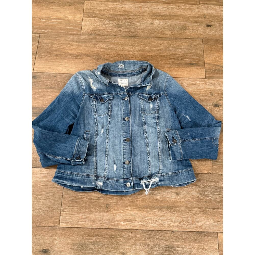 Torrid 4X Plus Women's Distressed Denim Ripped Blue Biker Jacket Cotton